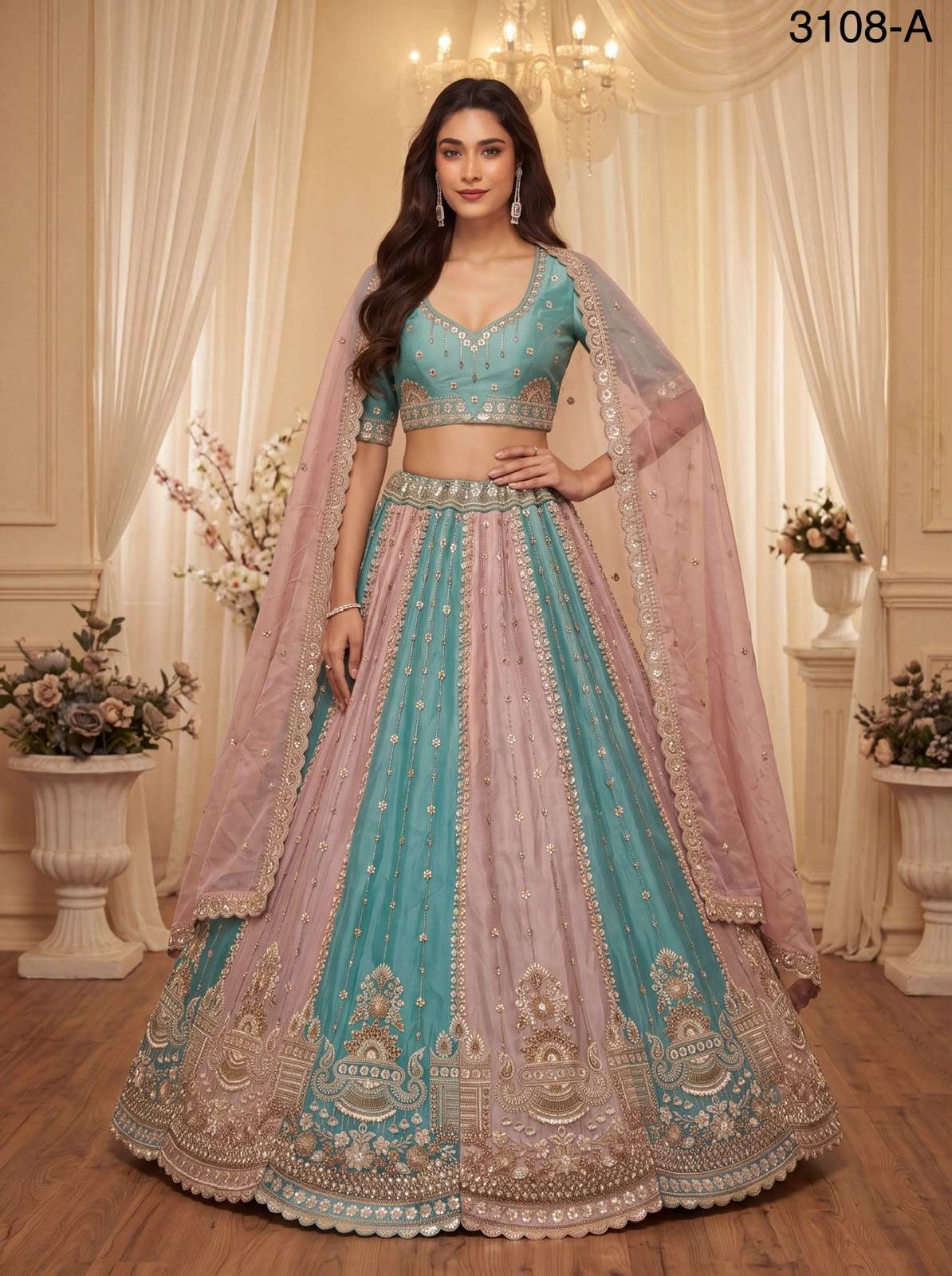Partywear pastel Color beautiful Satin Silk fancy fabric Lehenga Choli reseller in surat 3108